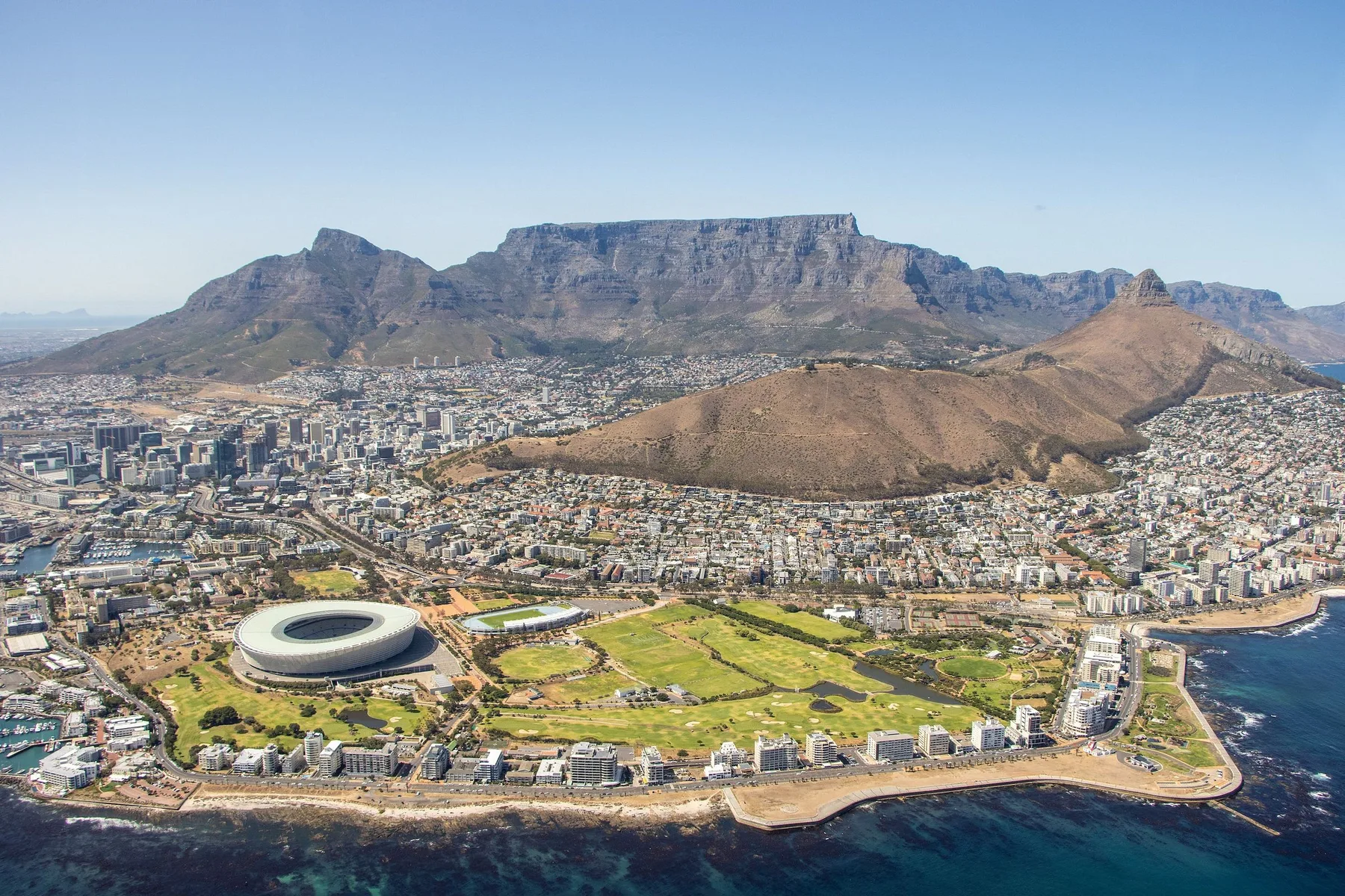 Aerial view of Cape Town and Table Mountain in South Africa