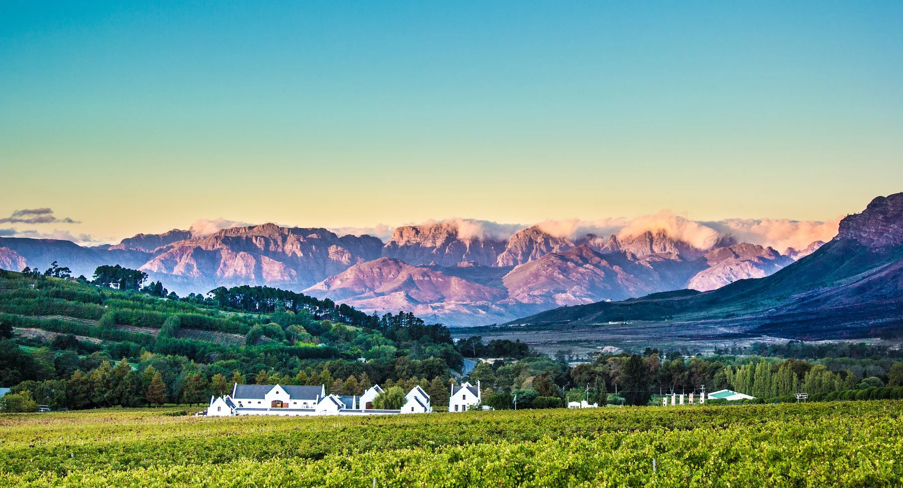 South African winelands below mountain ranges