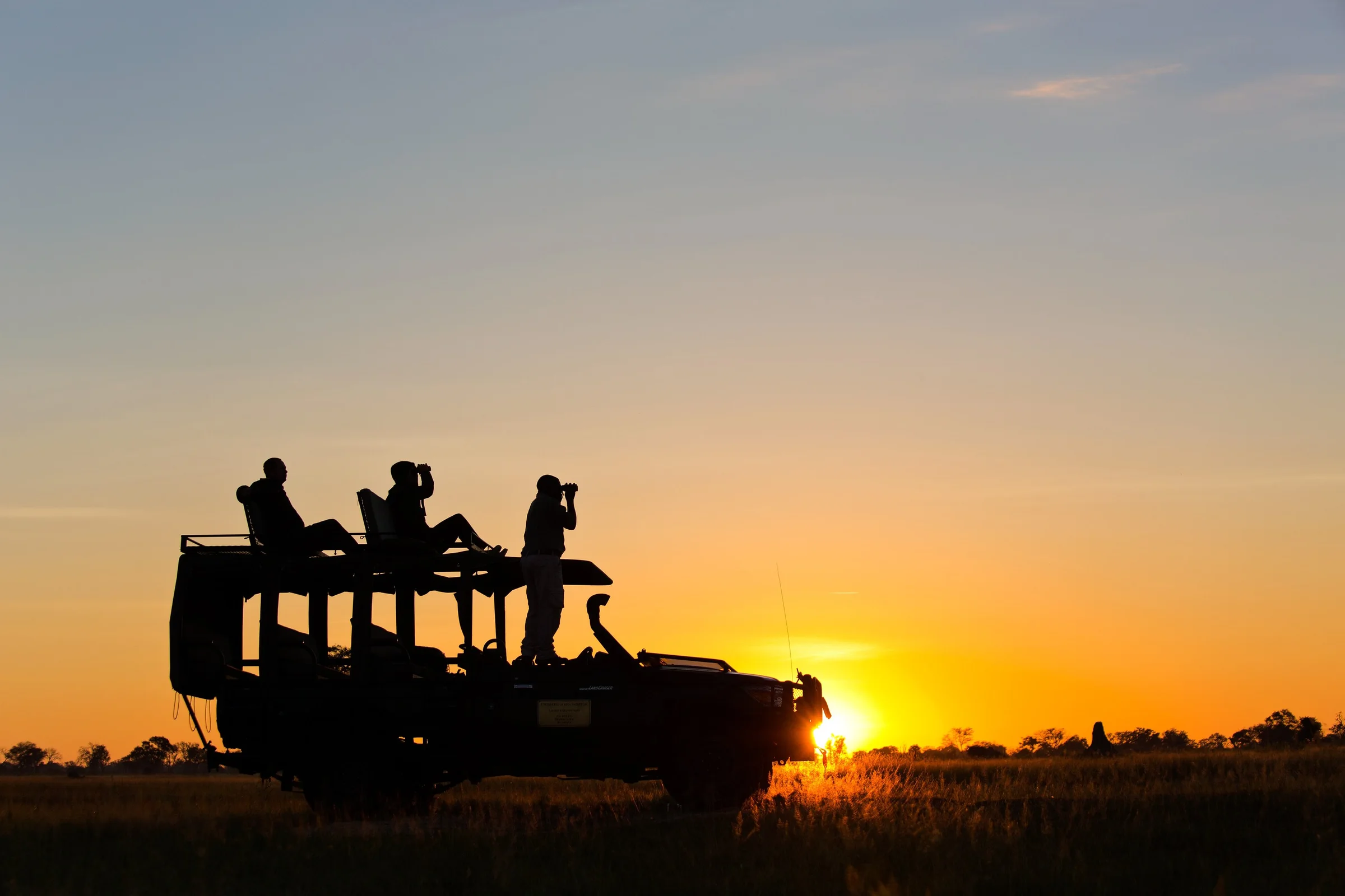 Safari guests watching the landscape from a game-drive vehicle at sunset