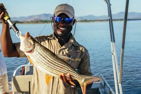 Angler holding a tiger fish in Zambia