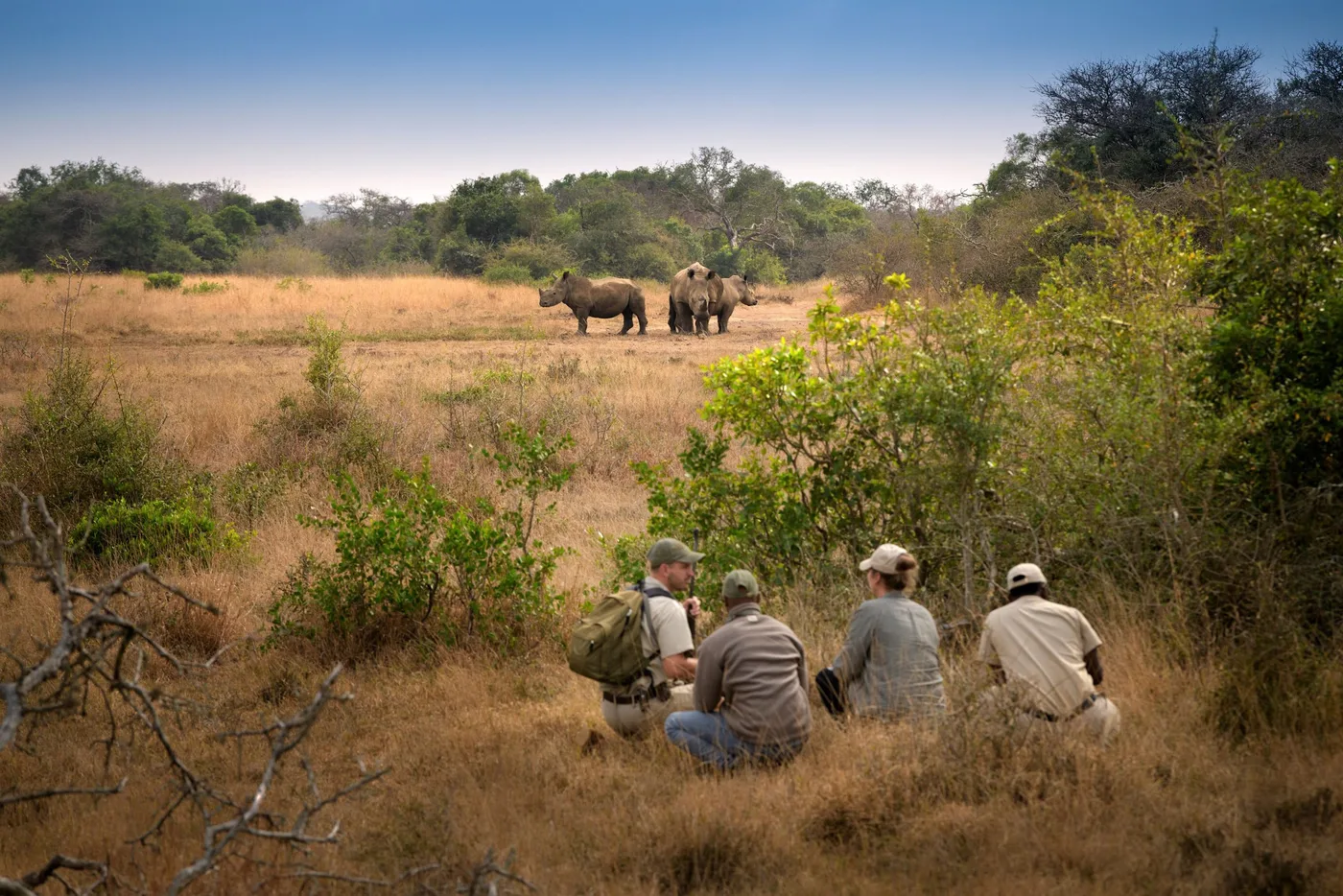 Guests walking through South African bush